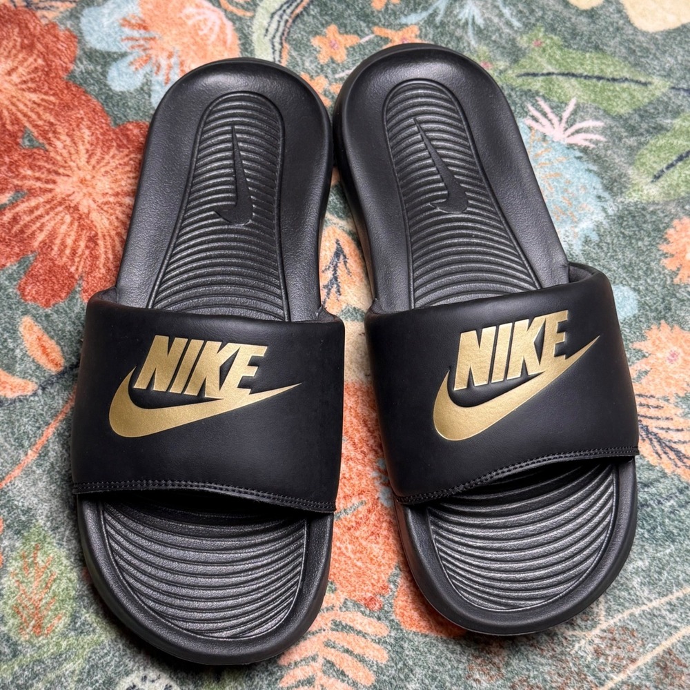 Nike Victori One Mens Slides Black Metallic Gold Sandals CN9675-006 Size 10